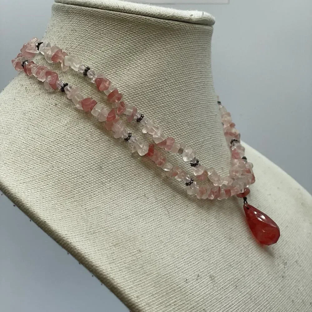 Cherry Rose Clear Quarts Beaded Pendant 925 Sterling Silver Layered Necklace